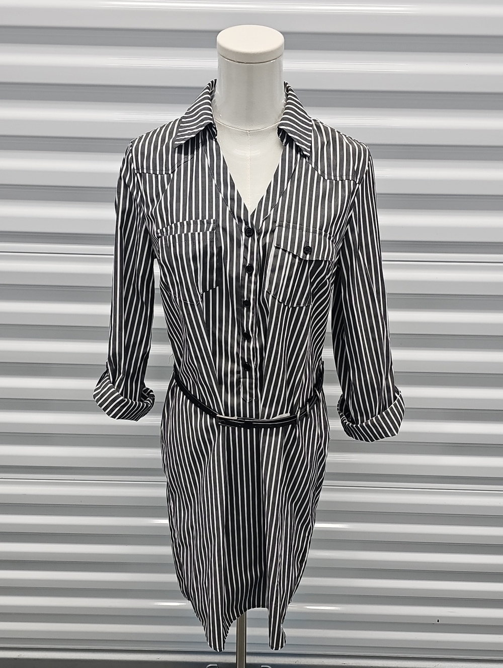 Striped Black and White Long Sleeve Shirt Dress
